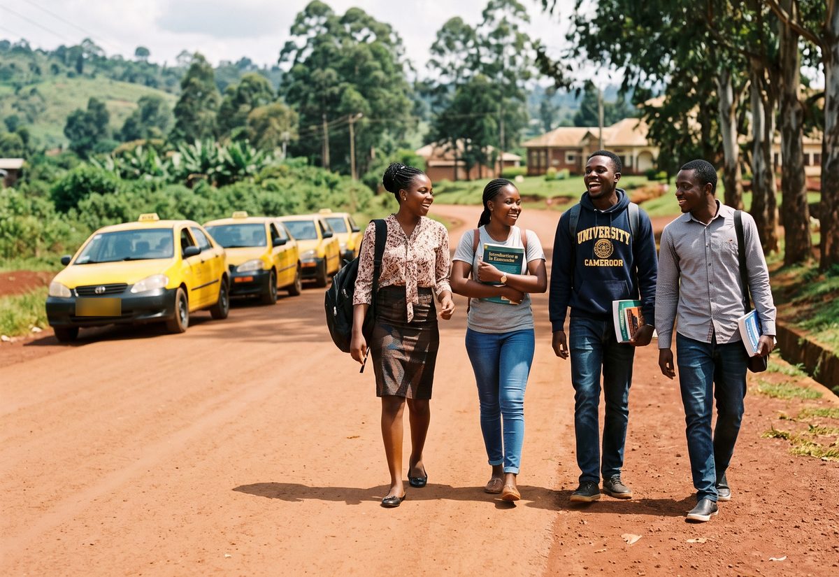 Students walking towards a line of yellow taxis near the campus in Bambili