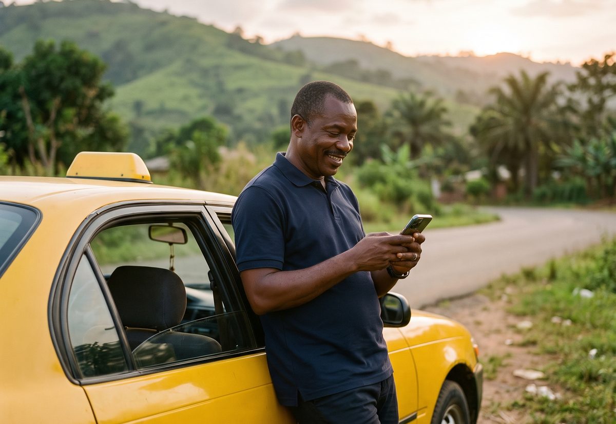 A smiling taxi driver checking his phone beside his yellow taxi
