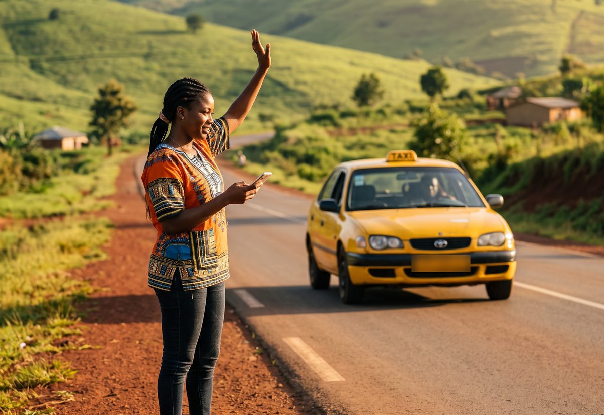 A woman at the roadside raising her hand as a yellow taxi approaches