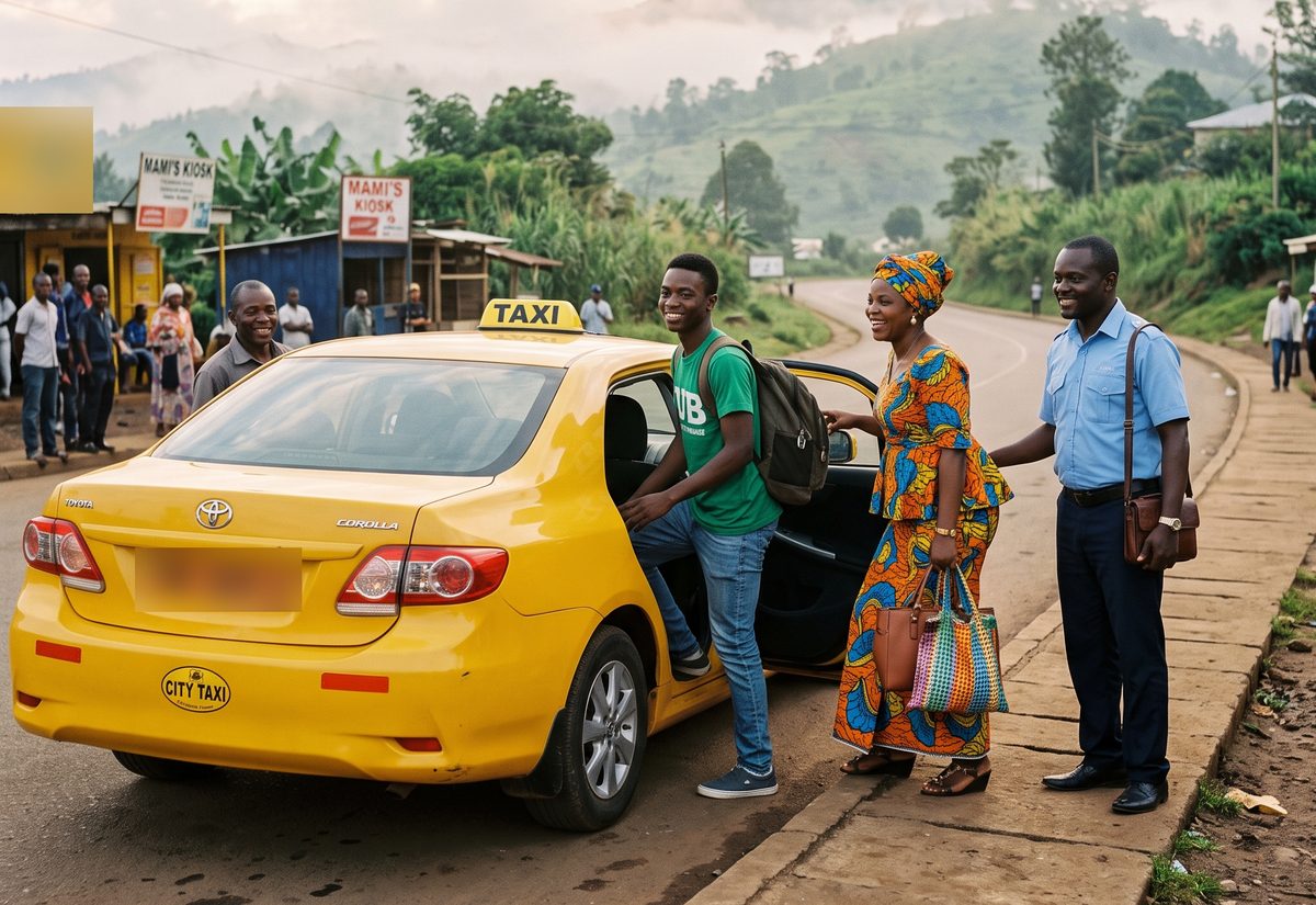 Passengers boarding a yellow shared taxi at a roadside pickup point in Bamenda