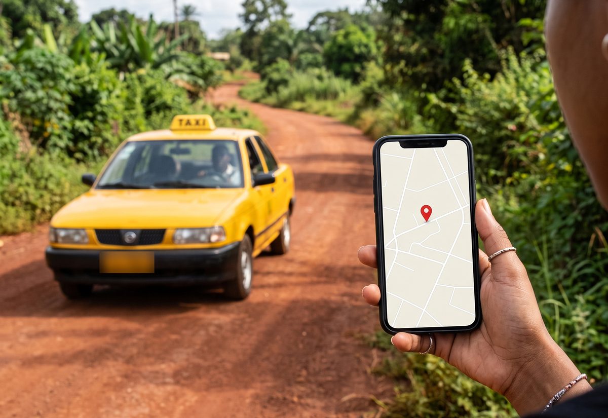 A phone showing a map pin, with a yellow taxi approaching on the road behind