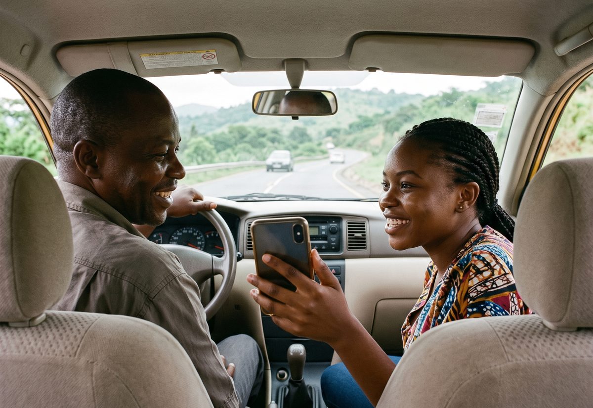 A passenger in the back seat showing her phone to the driver at the end of a trip